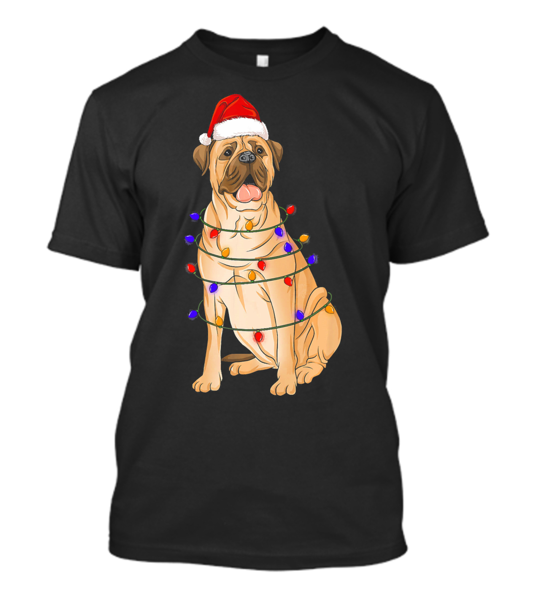 Bullmastiff Wearing Santa Hat Wrapped In Colorful Xmas Lights T-Shirt
