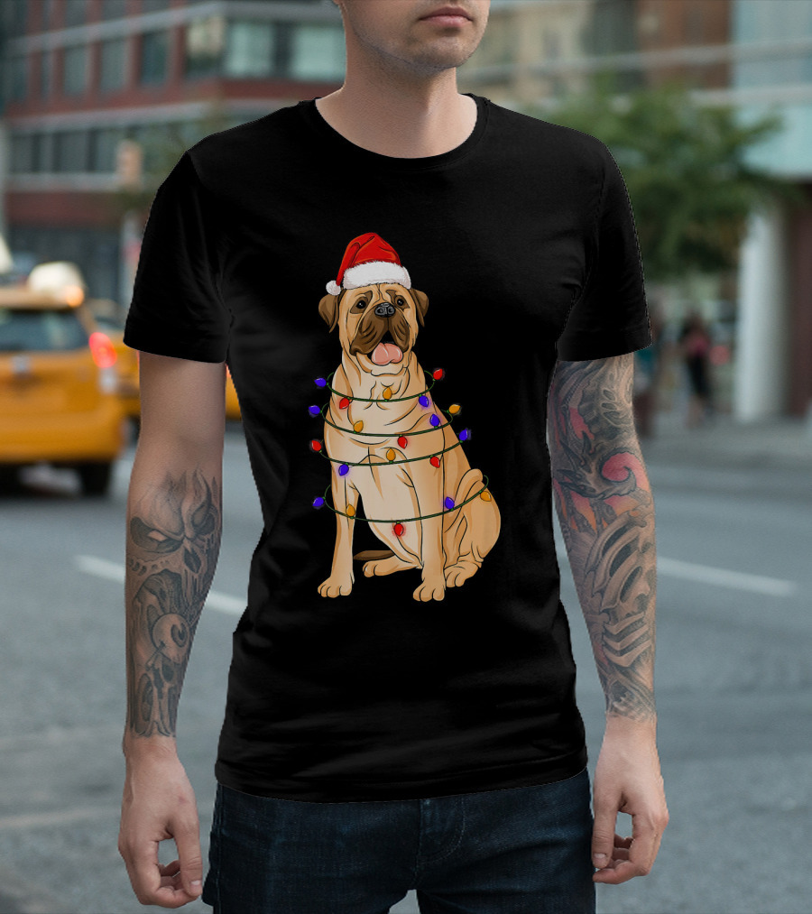 Bullmastiff Wearing Santa Hat Wrapped In Colorful Xmas Lights T-Shirt