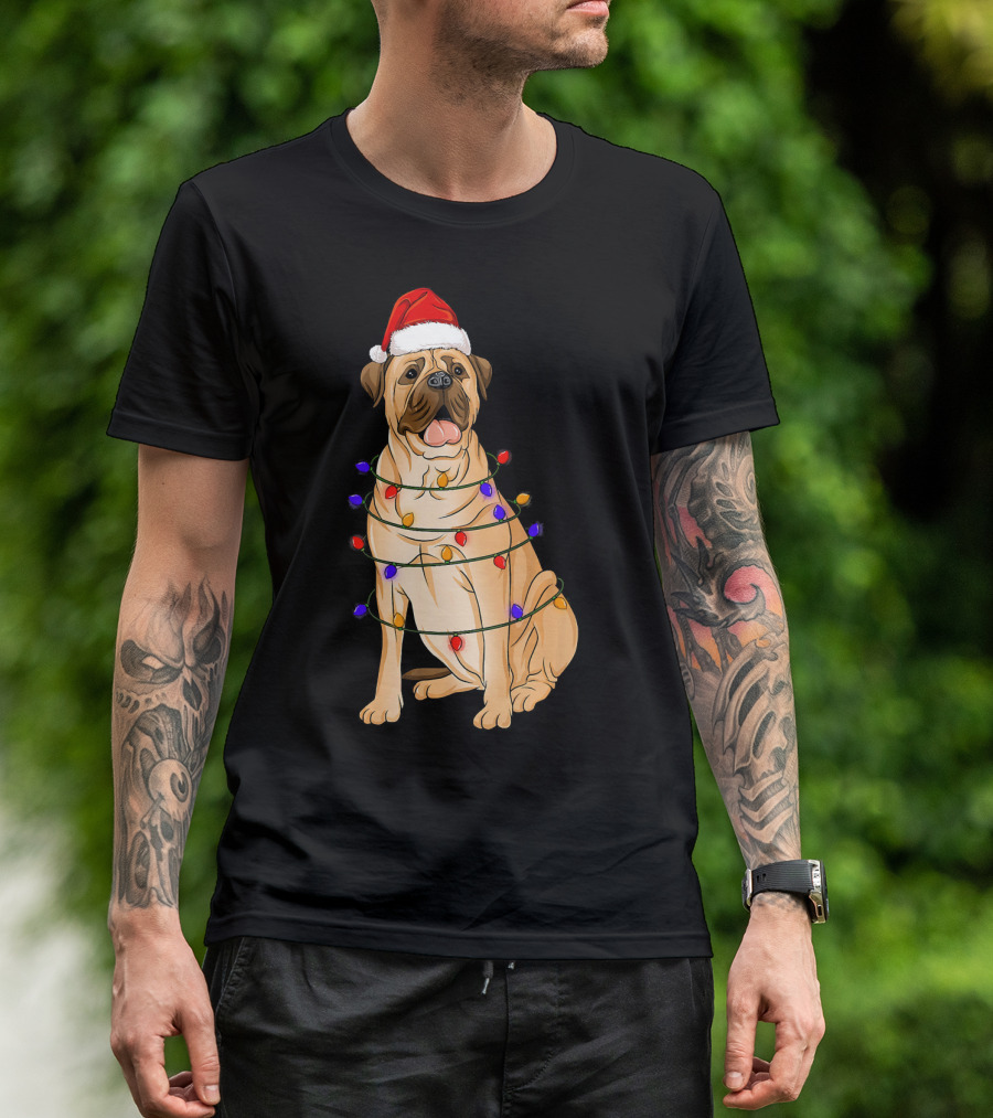 Bullmastiff Wearing Santa Hat Wrapped In Colorful Xmas Lights T-Shirt