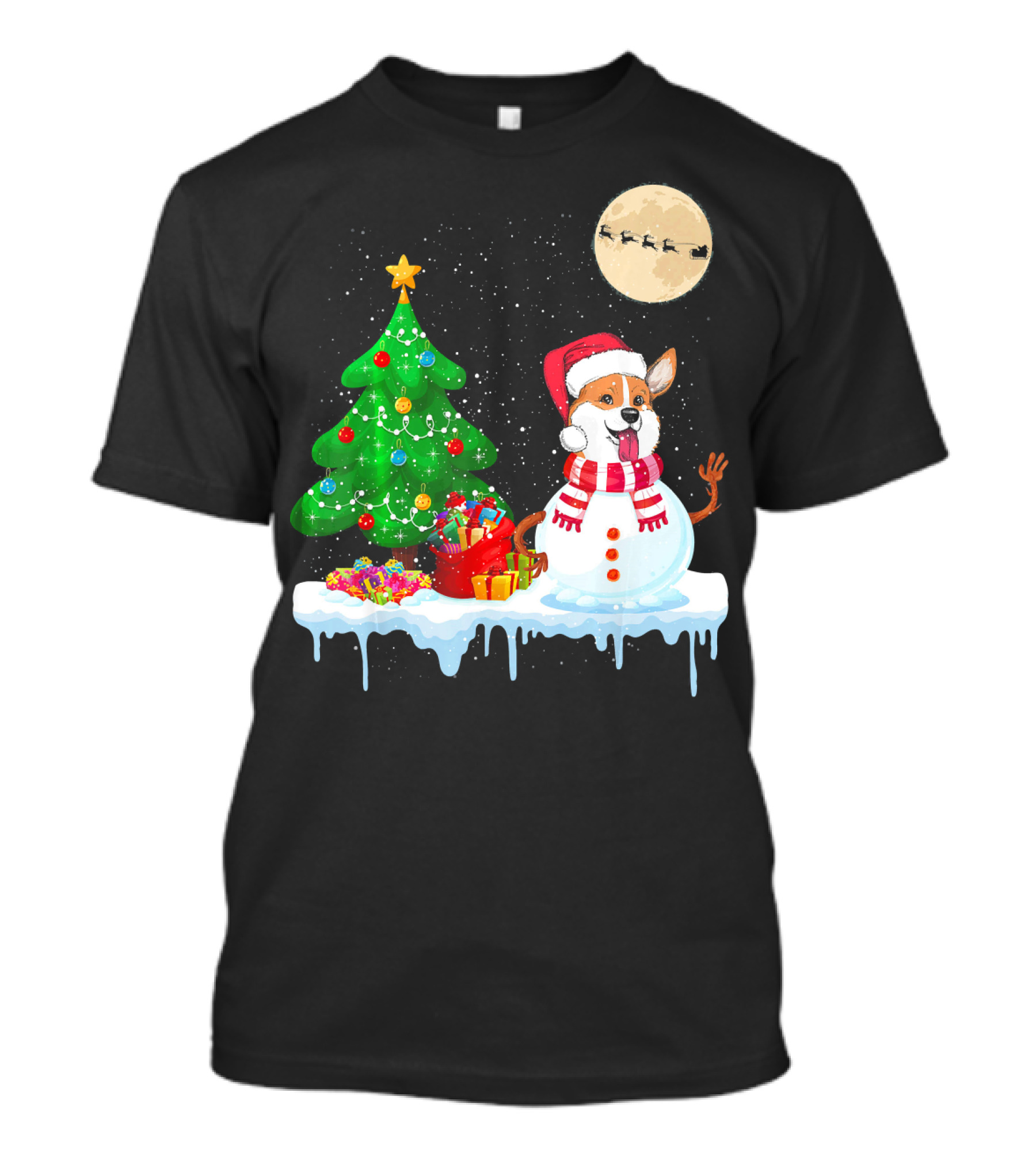 Corgi Snowman Christmas Tree Santa Moon Sled T-Shirt
