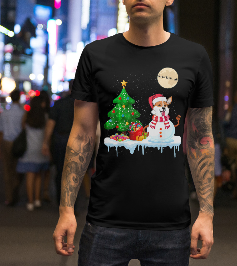 Corgi Snowman Christmas Tree Santa Moon Sled T-Shirt