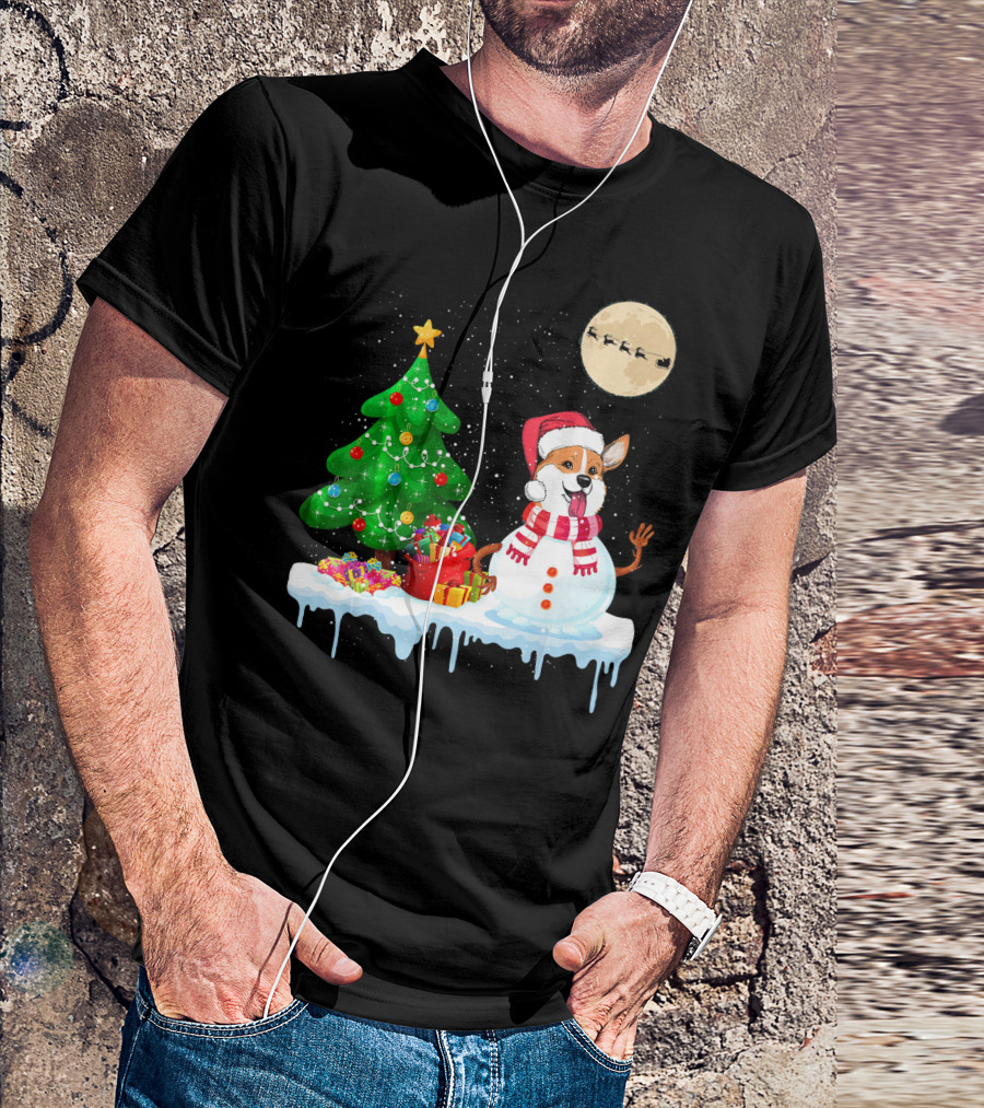 Corgi Snowman Christmas Tree Santa Moon Sled T-Shirt