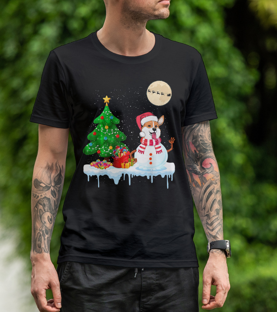 Corgi Snowman Christmas Tree Santa Moon Sled T-Shirt