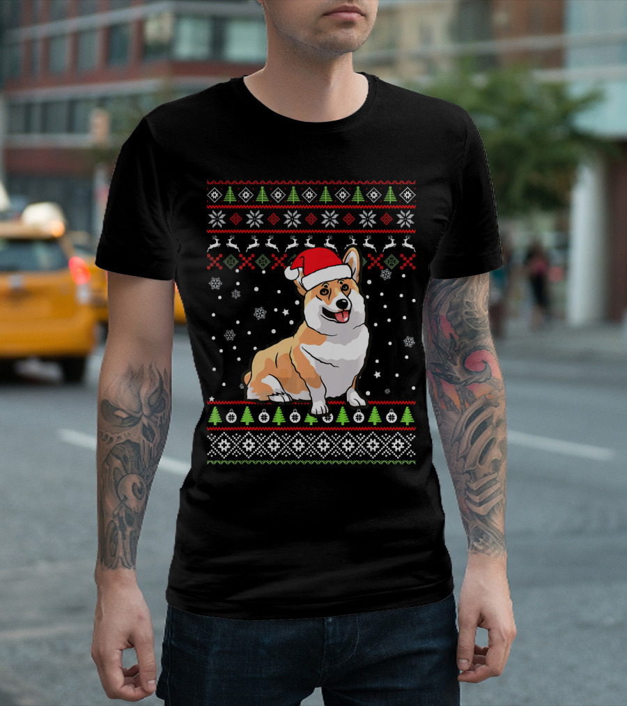 Corgi Christmas Santa Hat Ugly Sweater Pattern Family Group T-Shirt