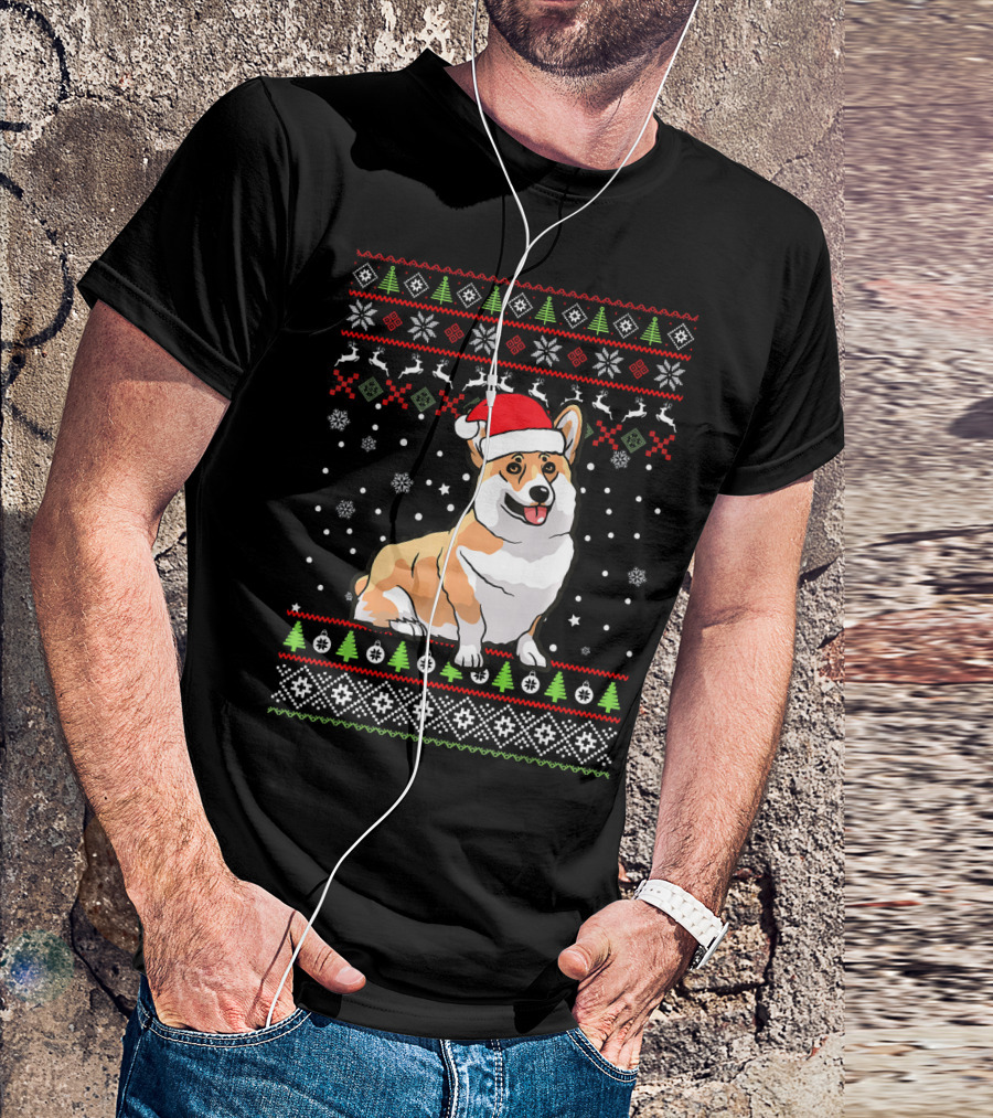 Corgi Christmas Santa Hat Ugly Sweater Pattern Family Group T-Shirt