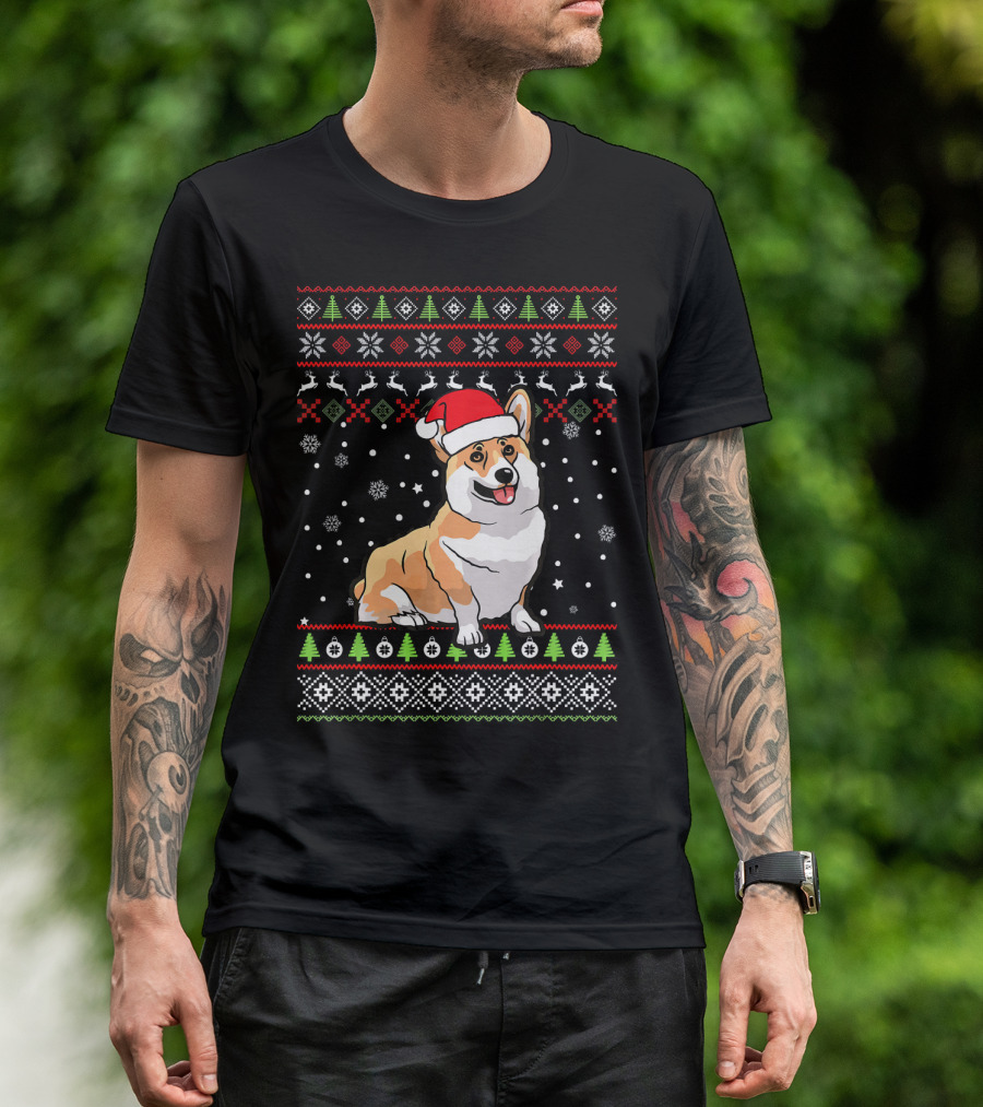 Corgi Christmas Santa Hat Ugly Sweater Pattern Family Group T-Shirt