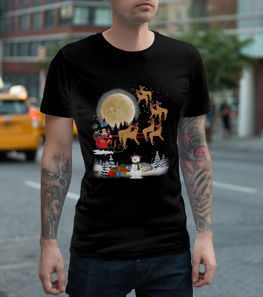 Santa's Sleigh Ride with Reindeer and Snowman in Winter Wonderland T-Shirt