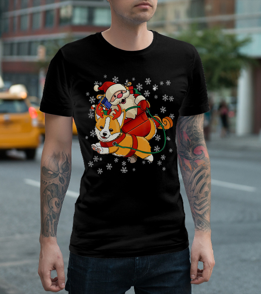 Christmas Reindeer Corgi with Santa and Snowflakes T-Shirt