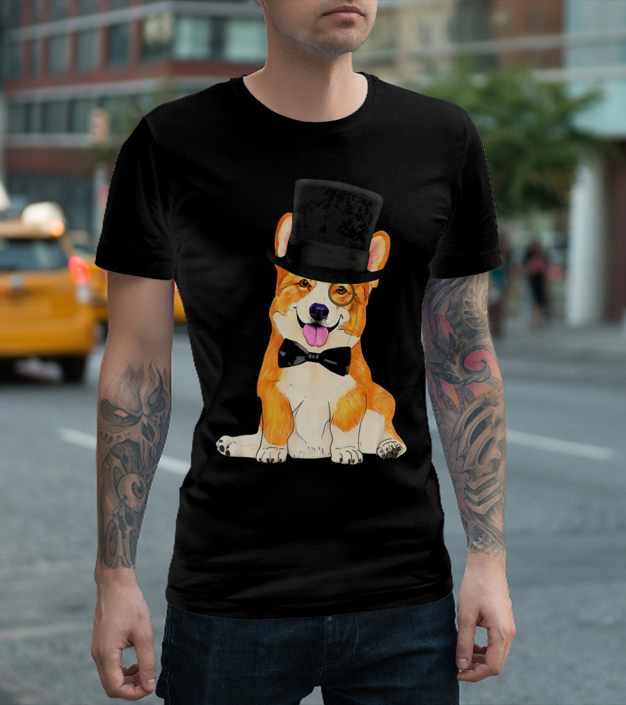 Corgi Wearing Top Hat Monocle And Bow Tie T-Shirt