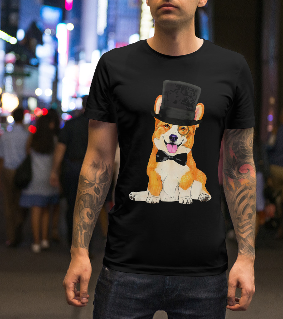 Corgi Wearing Top Hat Monocle And Bow Tie T-Shirt