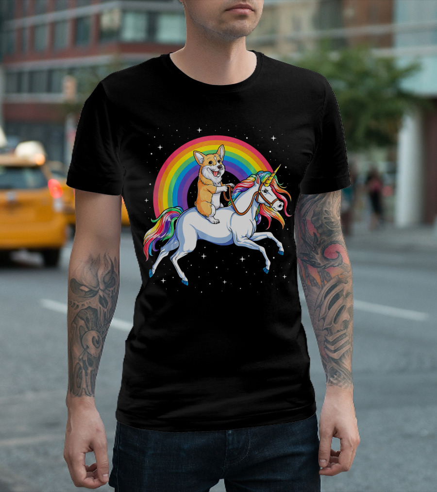 Corgi Riding Unicorn Rainbow Space Galaxy Adventure Girls T-Shirt