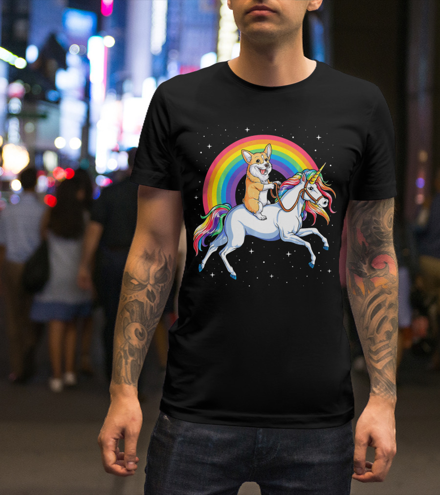 Corgi Riding Unicorn Rainbow Space Galaxy Adventure Girls T-Shirt