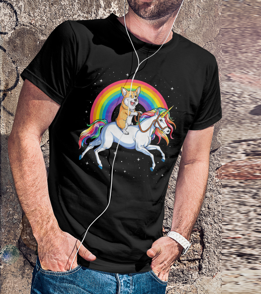 Corgi Riding Unicorn Rainbow Space Galaxy Adventure Girls T-Shirt