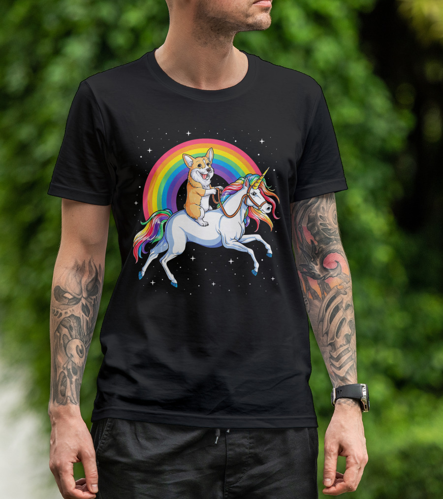 Corgi Riding Unicorn Rainbow Space Galaxy Adventure Girls T-Shirt