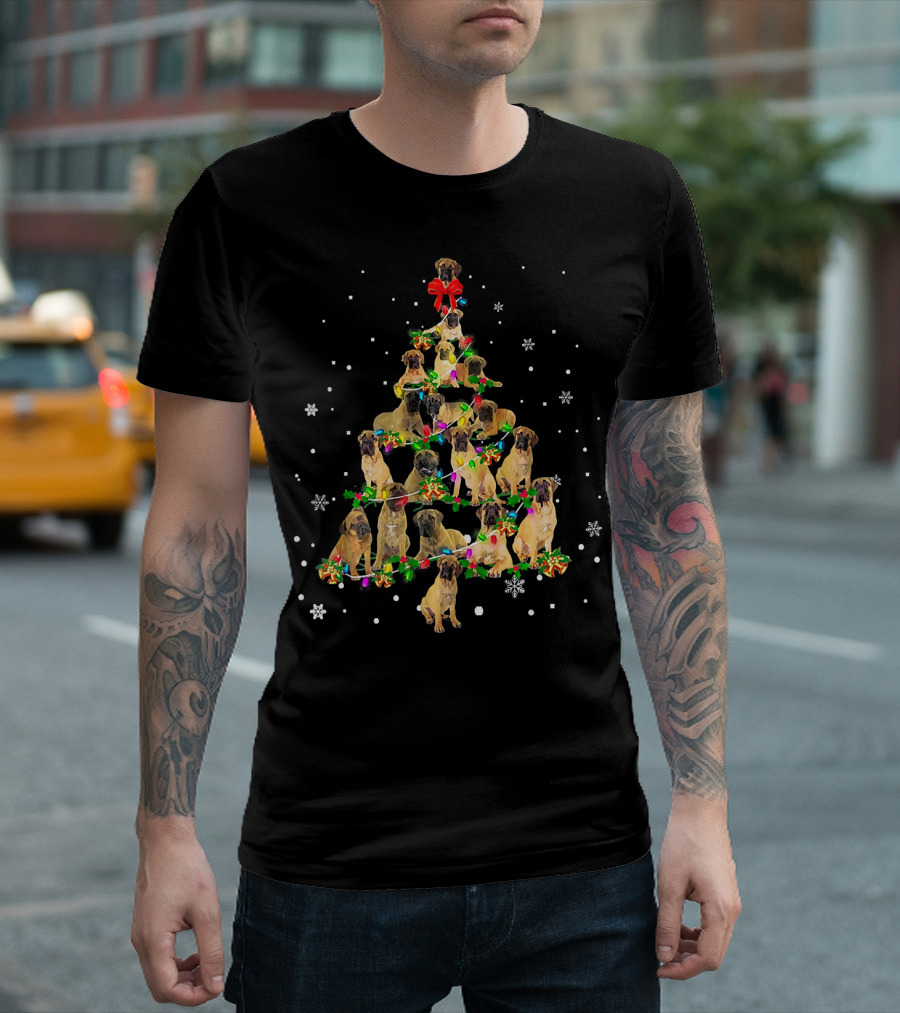 Cute Bullmastiff Dog Christmas Tree With Snowflakes And Festive Lights T-Shirt