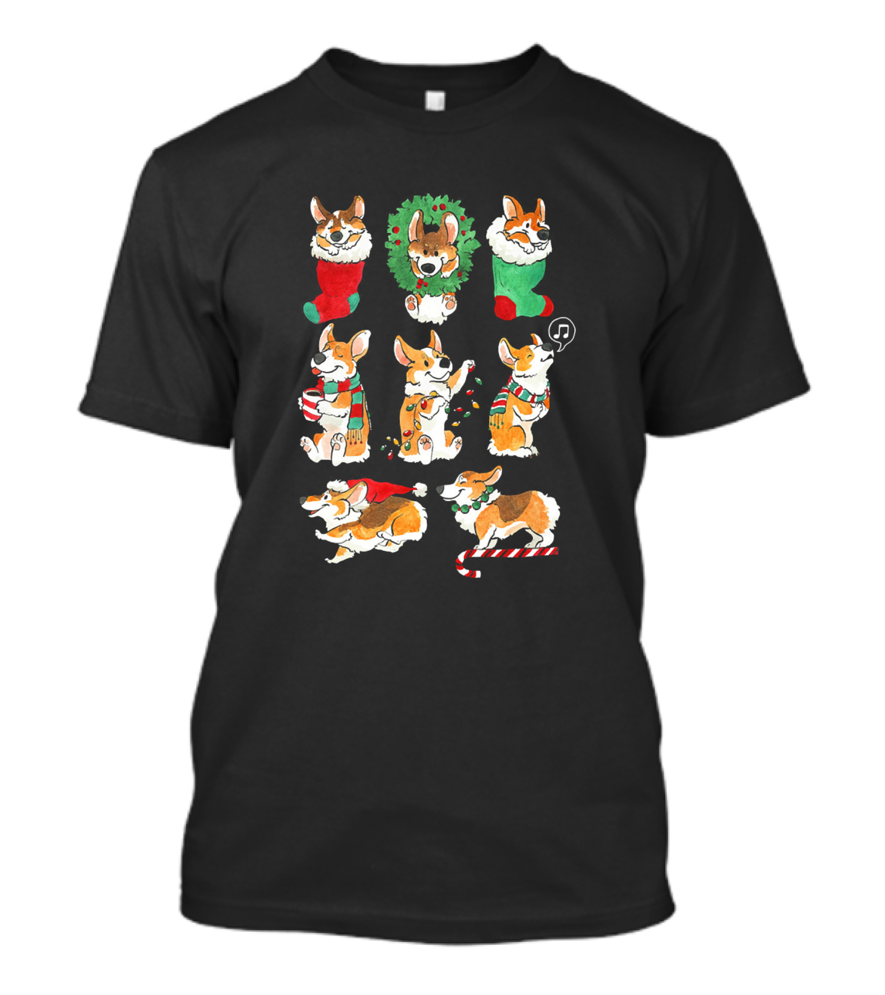 Corgi Santa Christmas Tree Lights Wreath Stocking Candy Cane Music Scarf T-Shirt