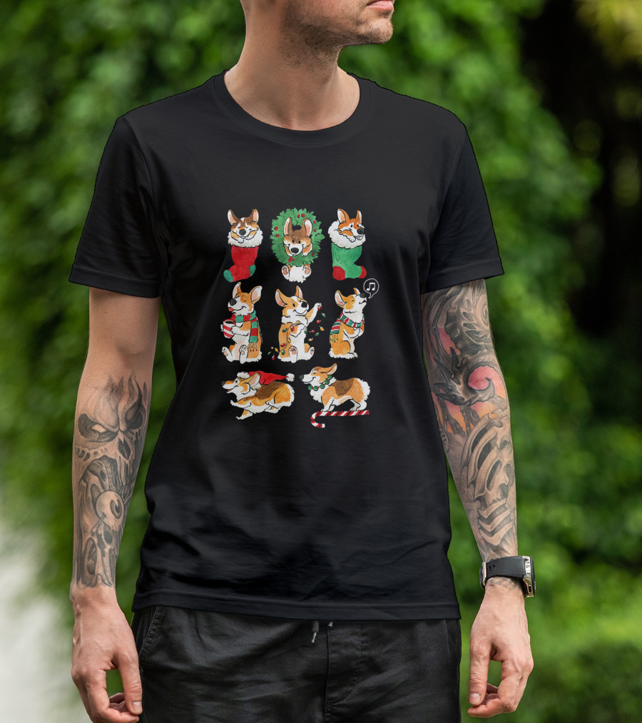 Corgi Santa Christmas Tree Lights Wreath Stocking Candy Cane Music Scarf T-Shirt