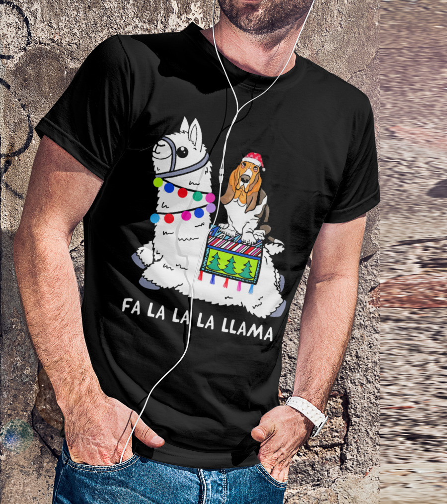 Fa La La La Llama Basset Hound Christmas Santa Hat T-Shirt