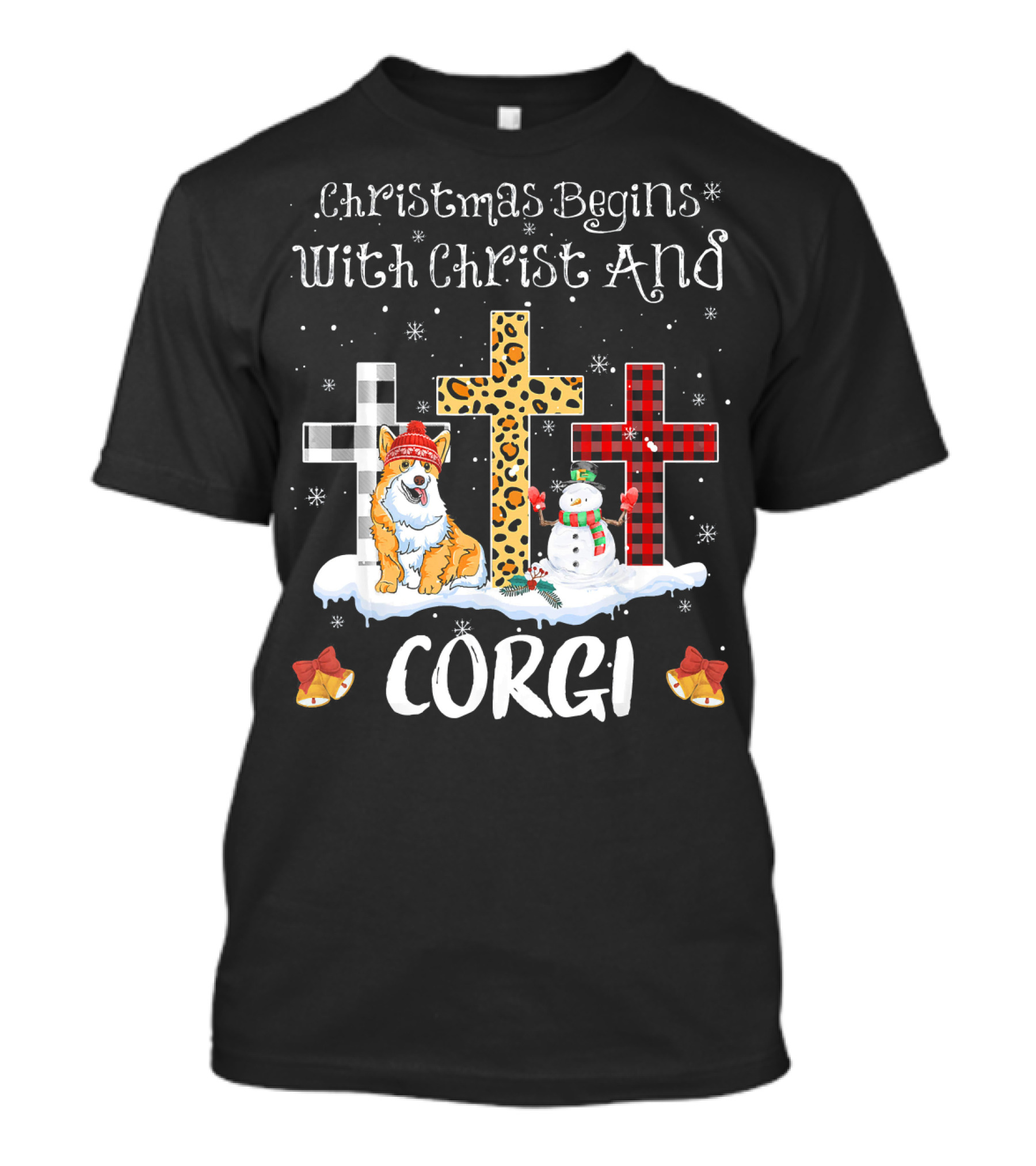 Christmas Begins With Christ And Corgi Snowman Crosses T-Shirt