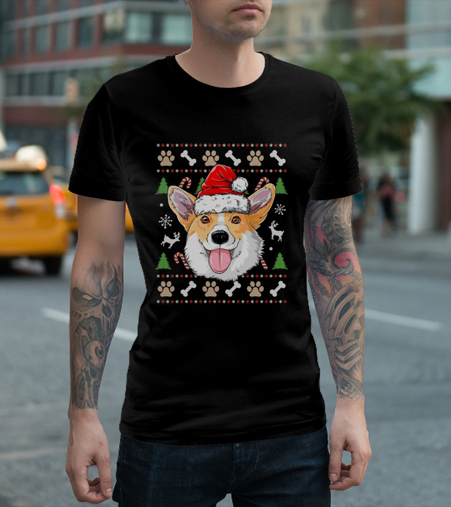 Corgi Santa Hat Ugly Christmas Sweater Dog Paw Candy Cane Snowflake T-Shirt