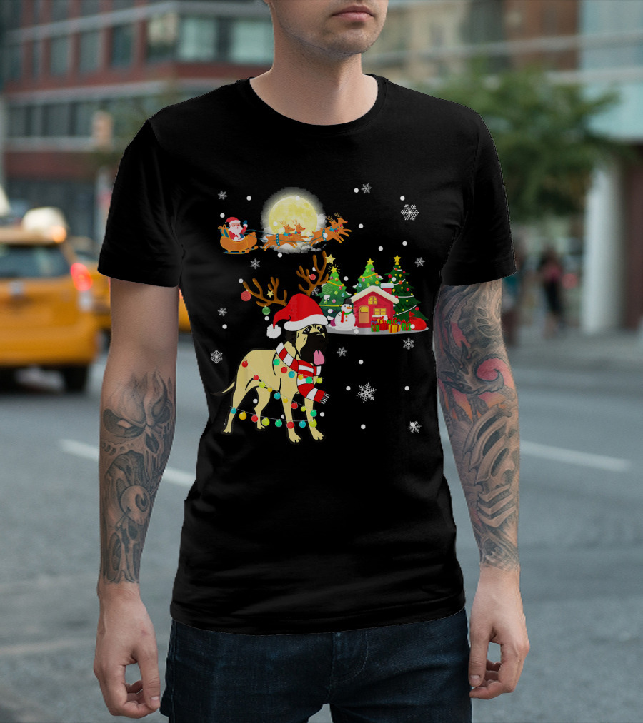 Bullmastiff in Christmas Wonderland with Santa, Reindeer, and Festive Trees T-Shirt