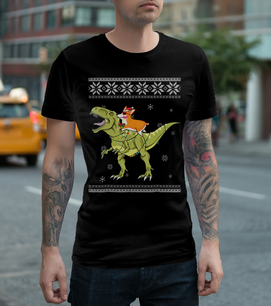 Corgi with Christmas Lights Riding T-Rex Dinosaur in Holiday T-Shirt