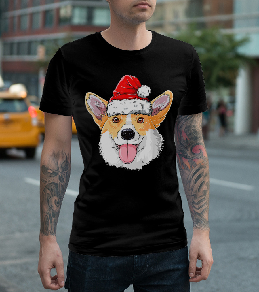 Corgi Christmas Dog With Santa Hat T-Shirt