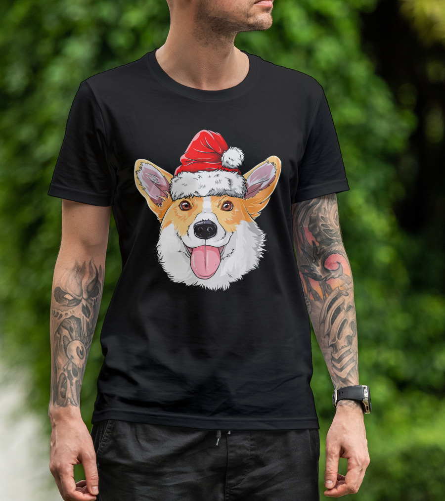 Corgi Christmas Dog With Santa Hat T-Shirt