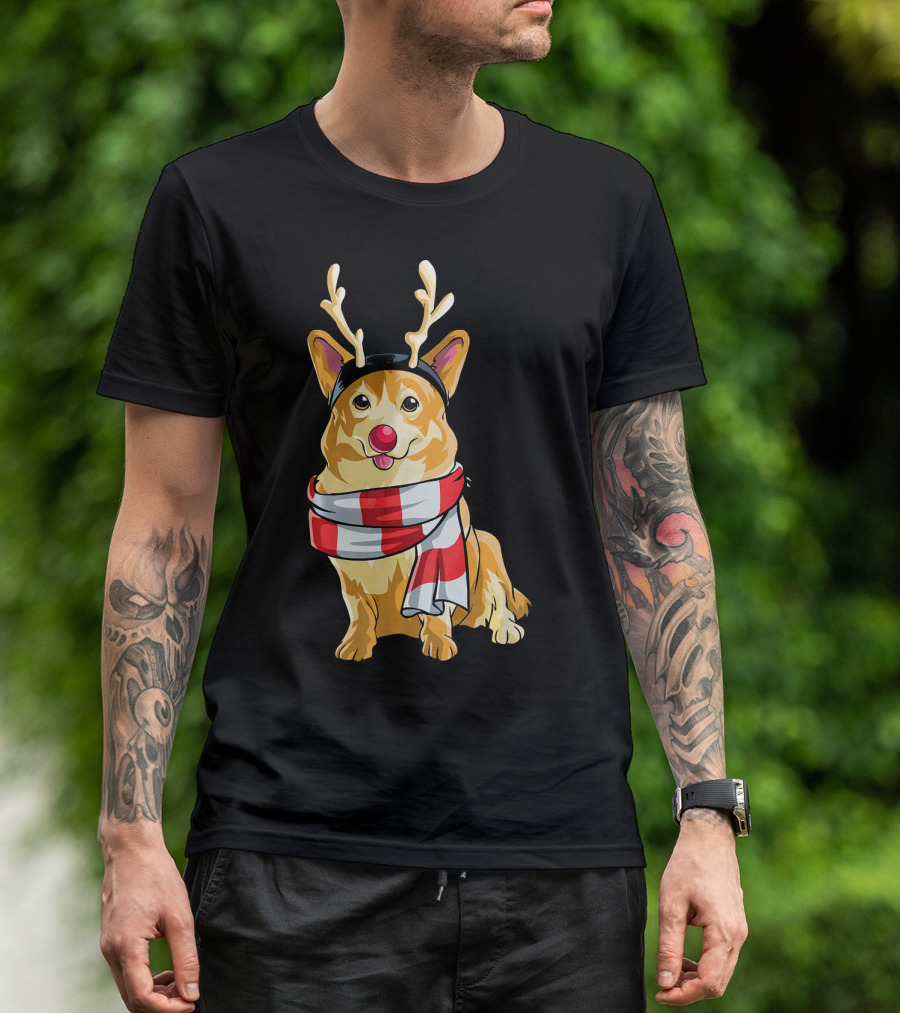 Corgi Reindeer Red Nose Scarf T-Shirt