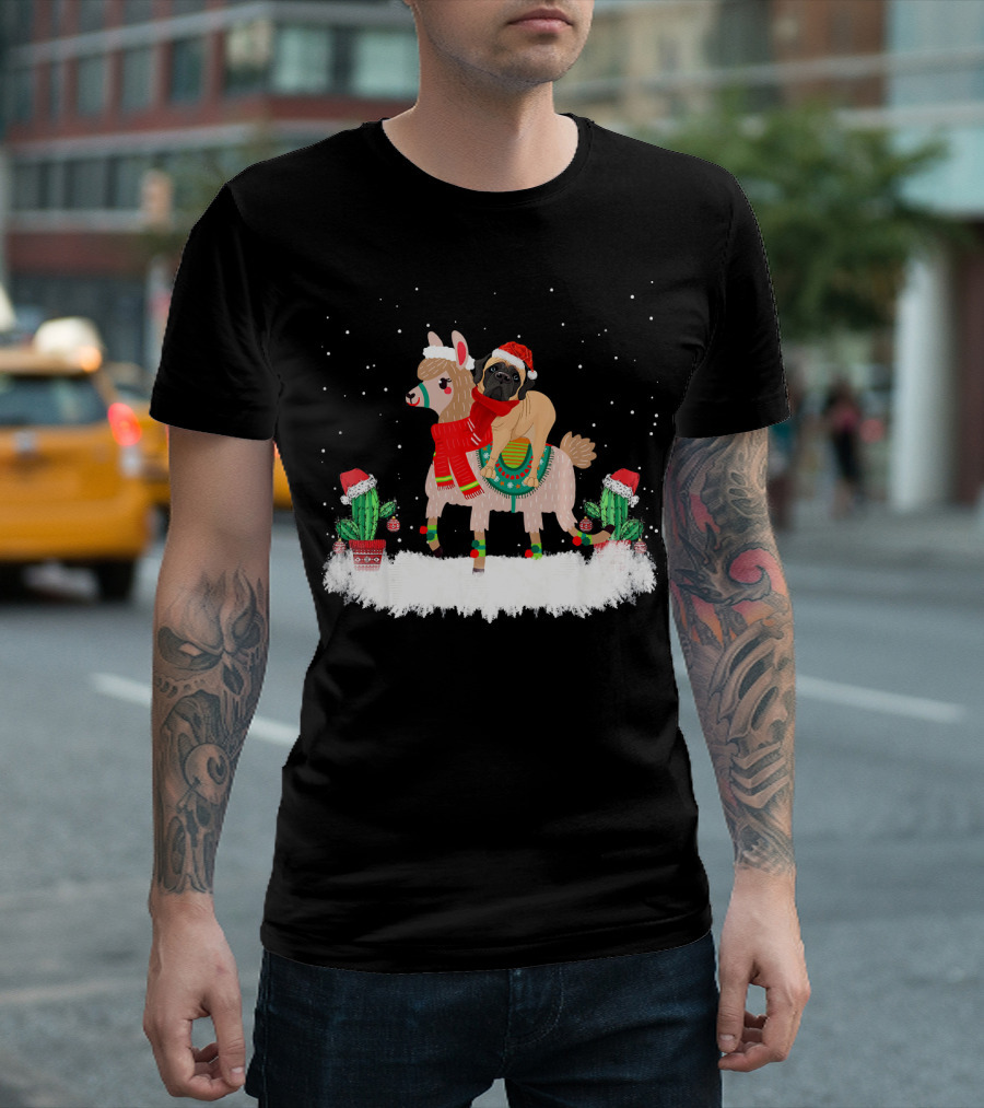 Cute English Mastiff Riding Llama Christmas Scene T-Shirt