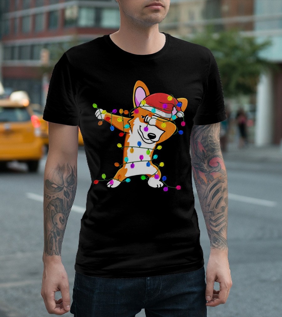 Dabbing Corgi Wrapped in Christmas Fairy Lights with Santa Hat T-Shirt