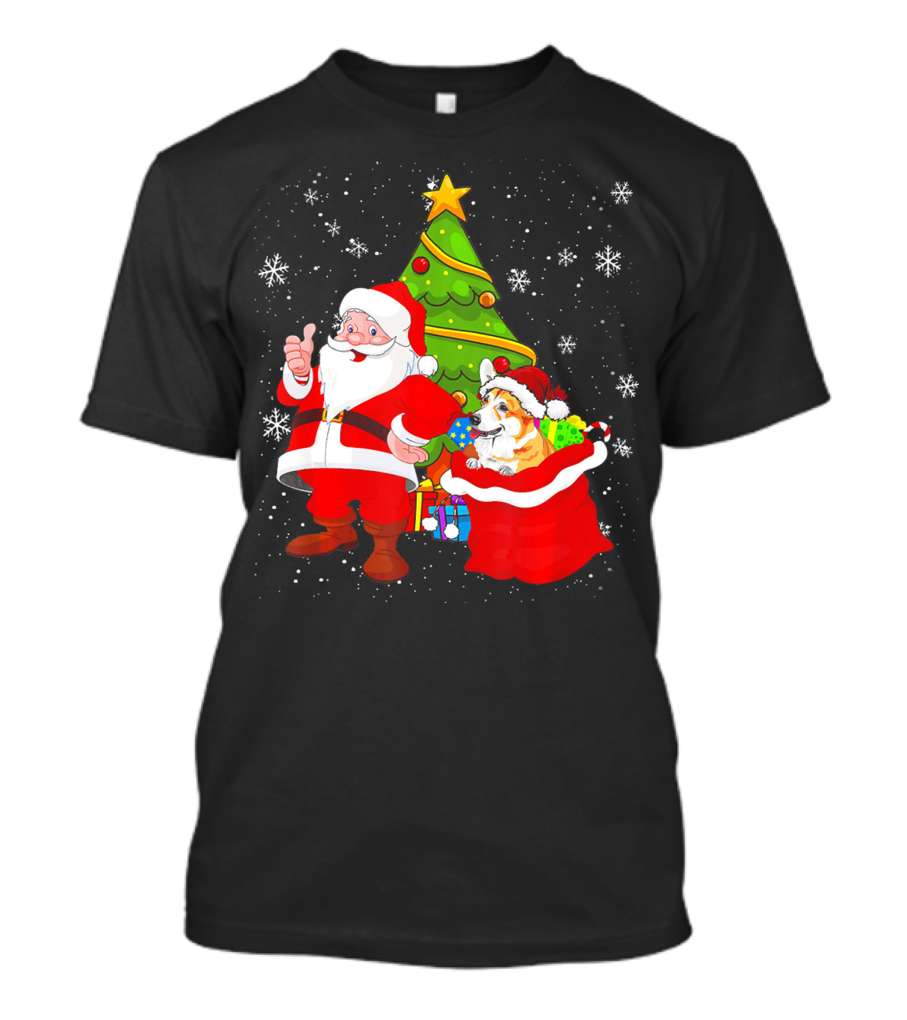 Christmas Santa Claus With Corgi And Gifts In Snowy Wonderland T-Shirt