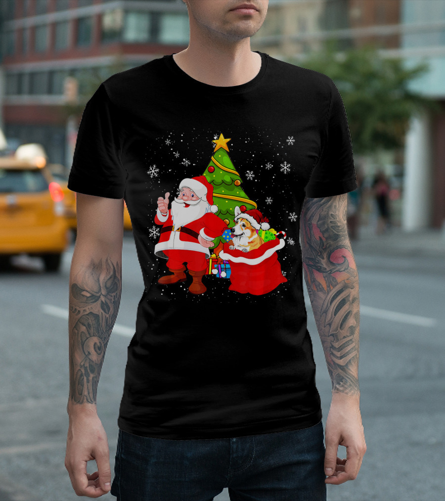 Christmas Santa Claus With Corgi And Gifts In Snowy Wonderland T-Shirt