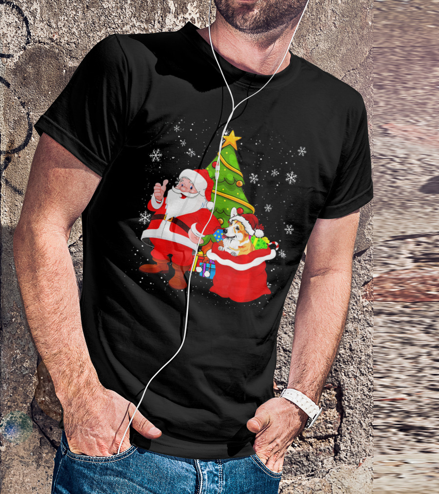 Christmas Santa Claus With Corgi And Gifts In Snowy Wonderland T-Shirt
