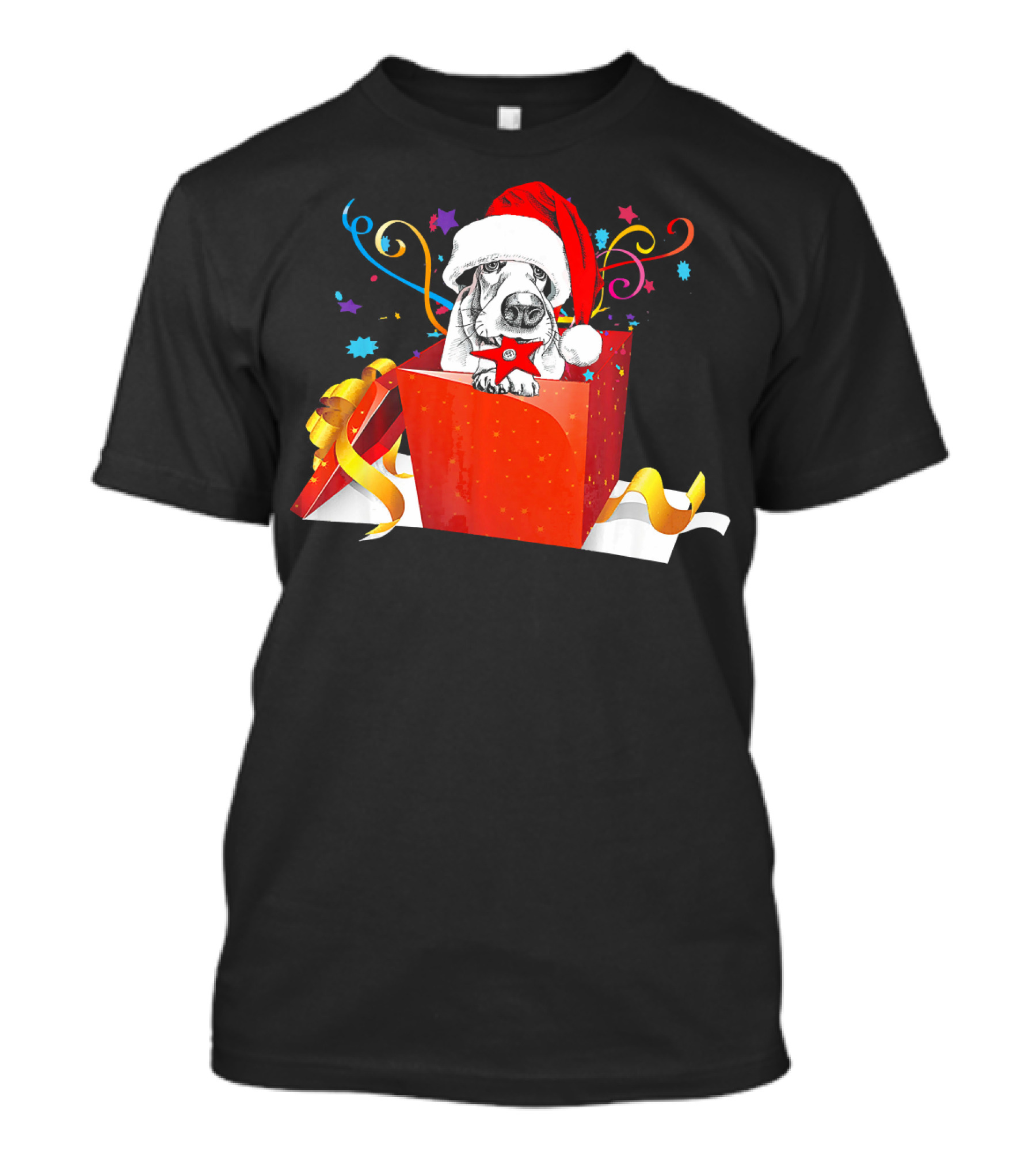 Basset Hound With Santa Hat In Festive Christmas Gift Box T-Shirt