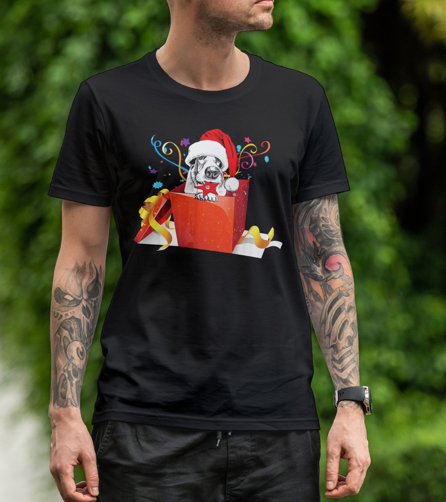 Basset Hound With Santa Hat In Festive Christmas Gift Box T-Shirt