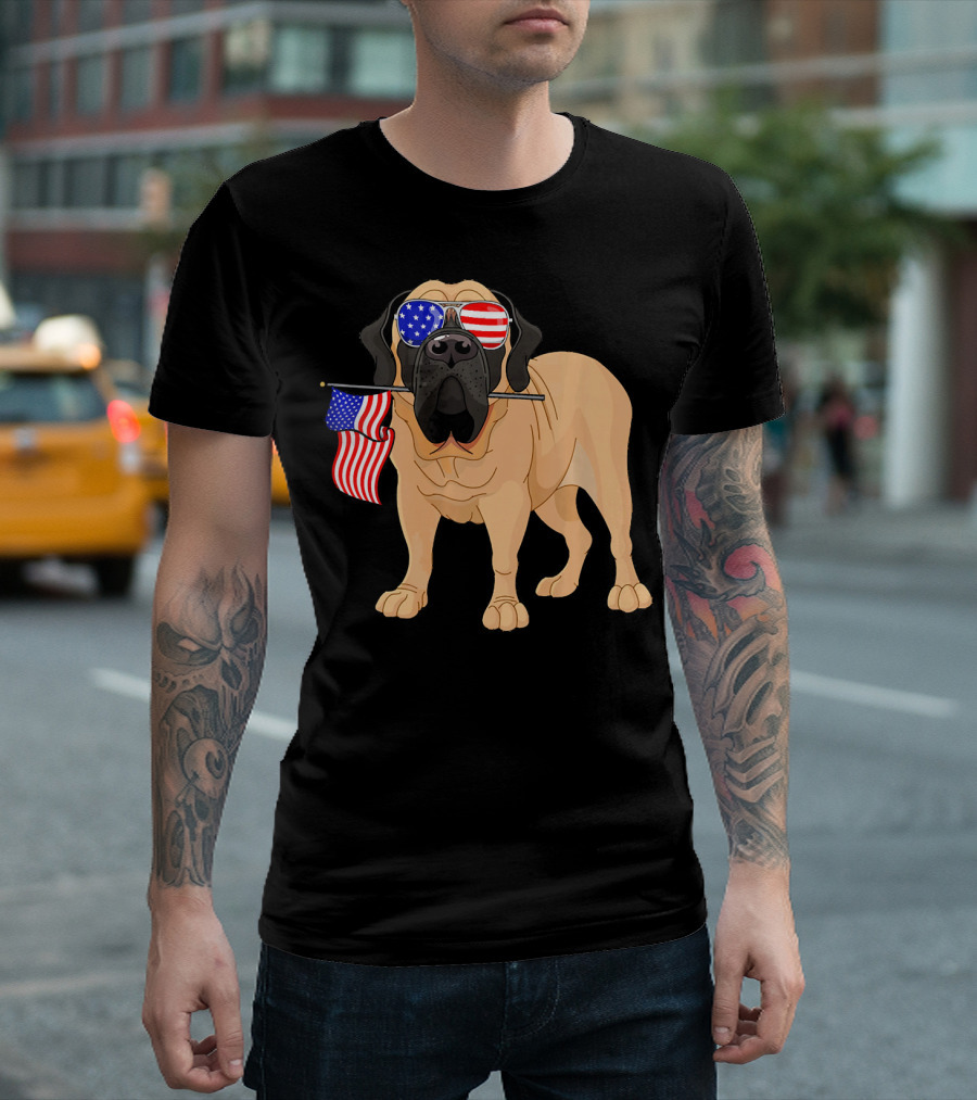 English Mastiff with American Flag and Patriotic Sunglasses for 4th of July T-Shirt