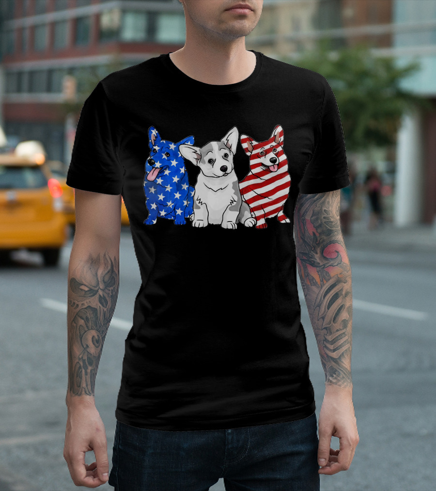 Corgi in American Flag Stars Stripes Independence T-Shirt