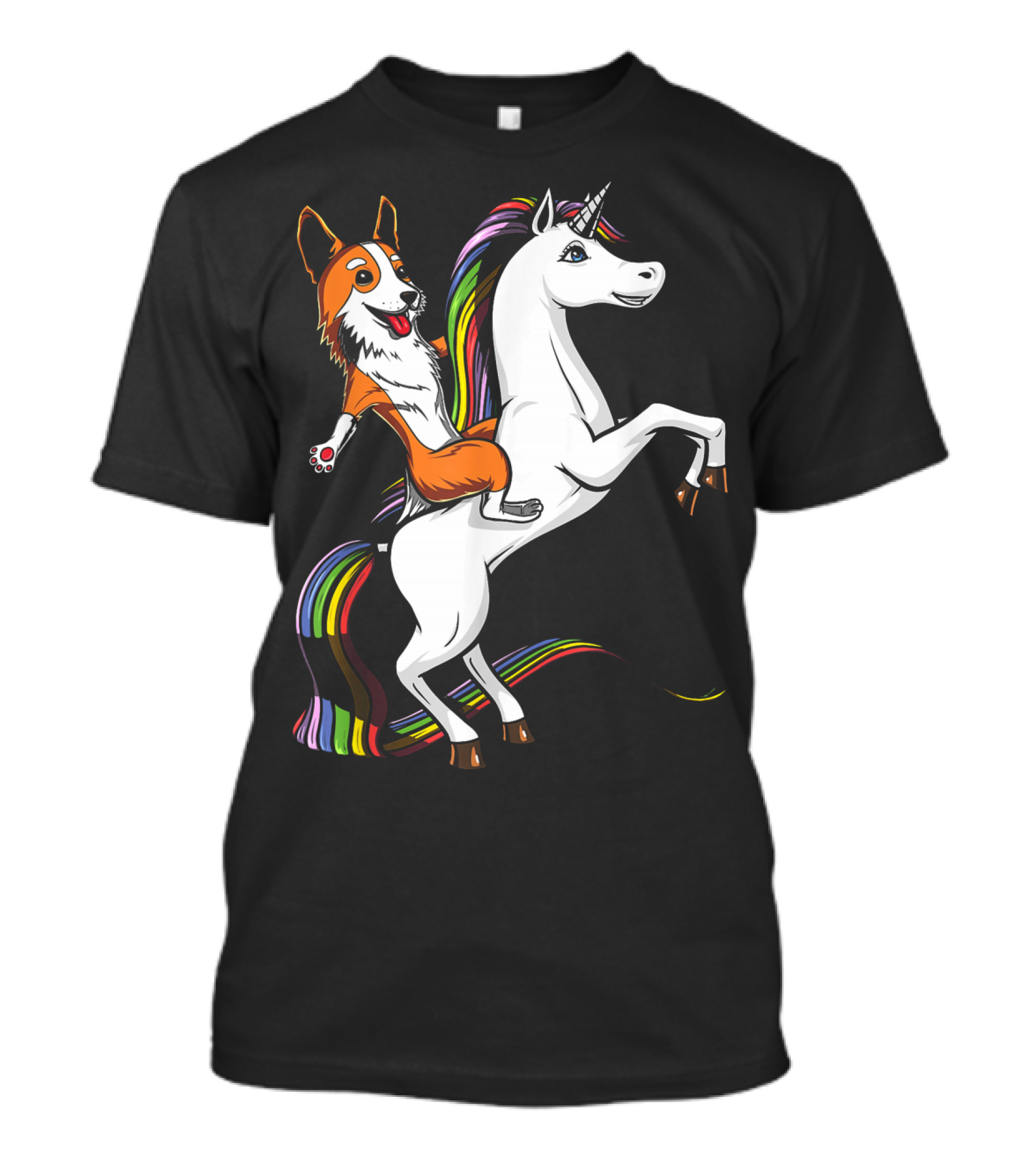 Corgi Dog Riding A Rainbow-Maned Unicorn T-Shirt