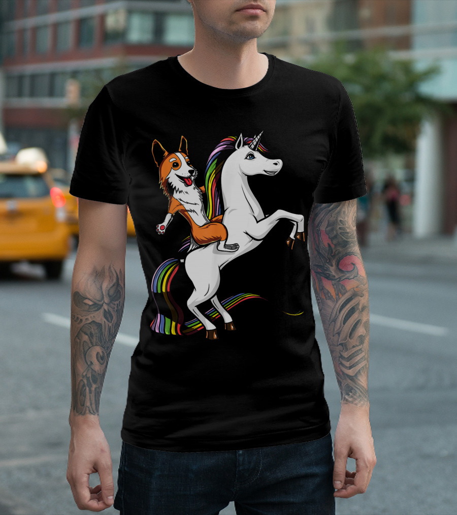 Corgi Dog Riding A Rainbow-Maned Unicorn T-Shirt
