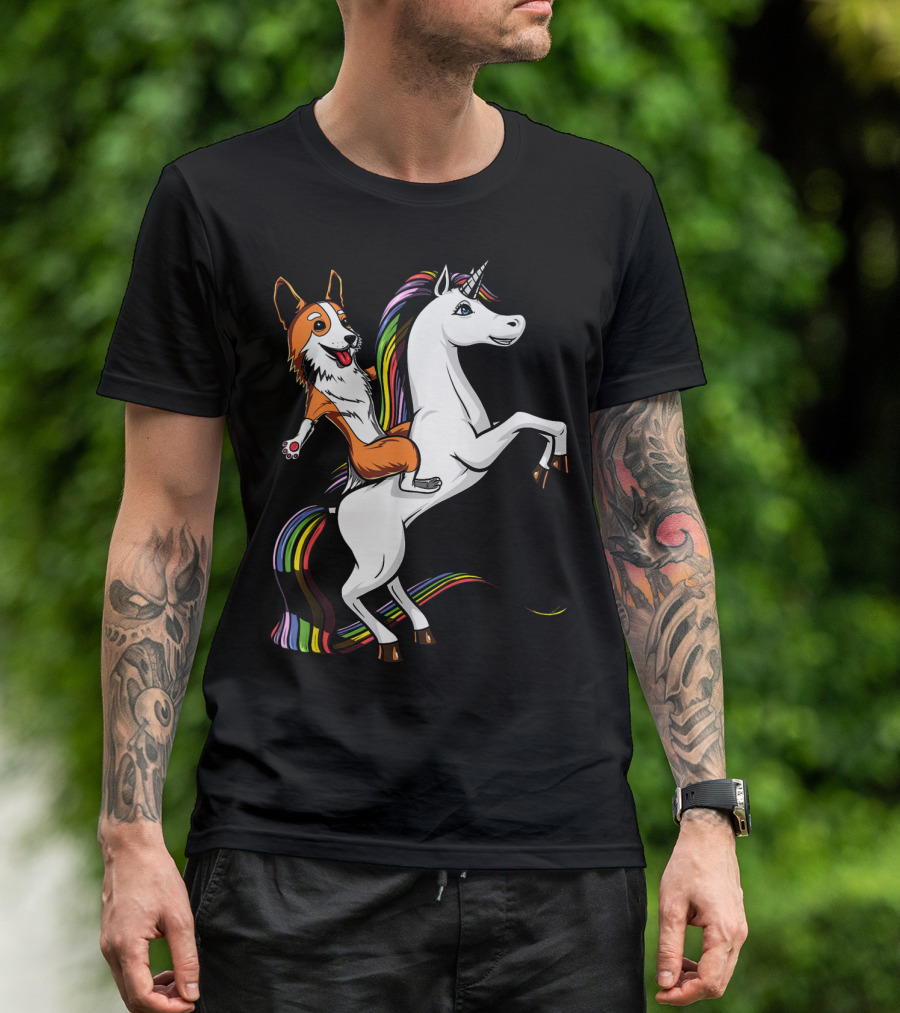Corgi Dog Riding A Rainbow-Maned Unicorn T-Shirt