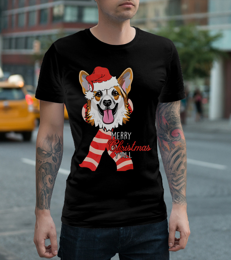 Corgi Dog Merry Christmas Y'all Santa Hat Striped Scarf T-Shirt