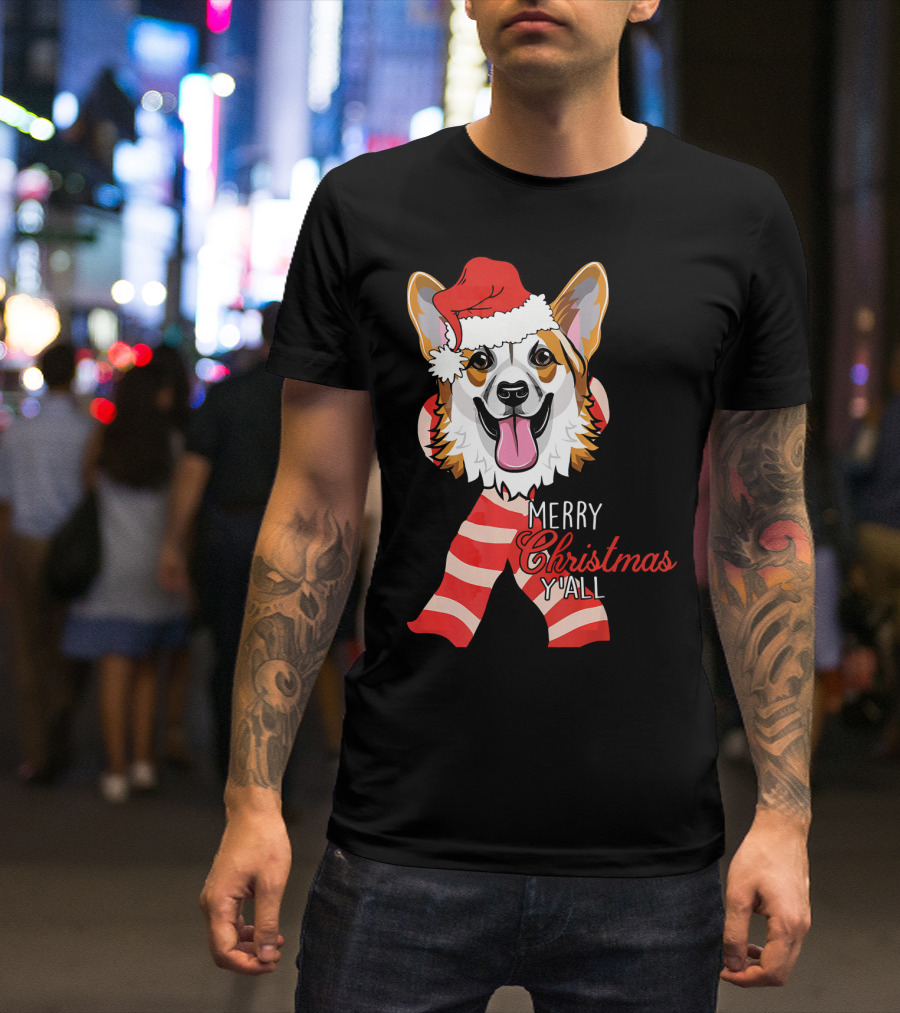 Corgi Dog Merry Christmas Y'all Santa Hat Striped Scarf T-Shirt