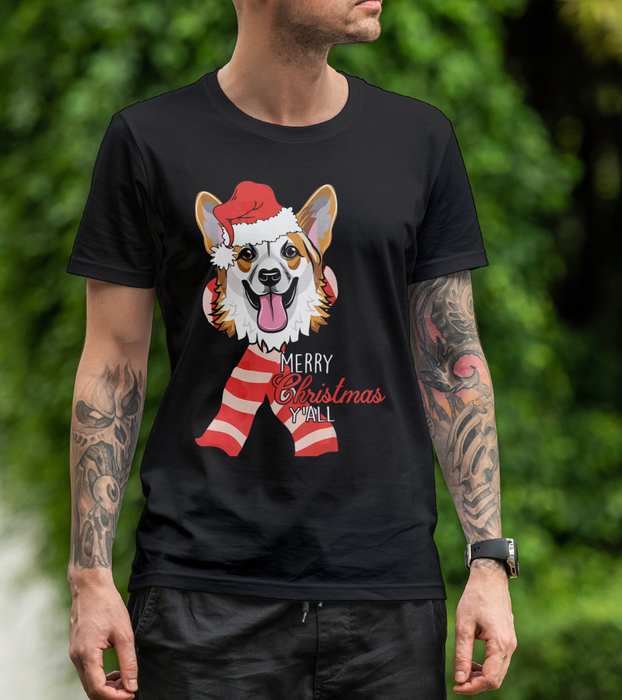 Corgi Dog Merry Christmas Y'all Santa Hat Striped Scarf T-Shirt