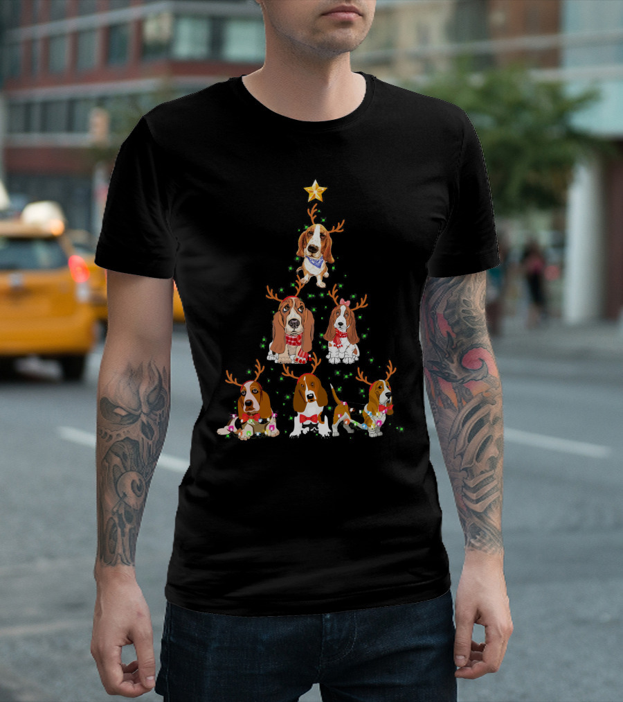 Basset Hound Christmas Tree With Santa Hat And Reindeer Ears T-Shirt