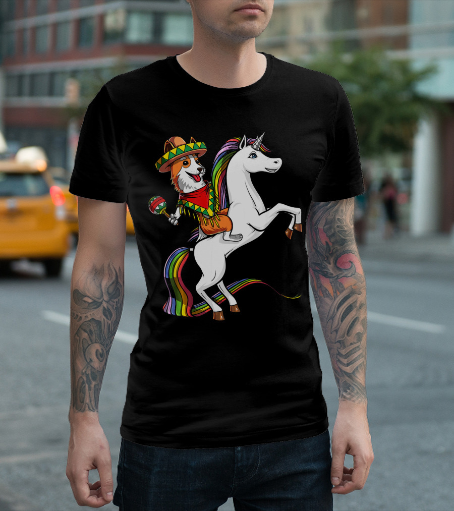 Corgi in Sombrero with Maraca on Rainbow Unicorn Cinco de Mayo Mexico T-Shirt