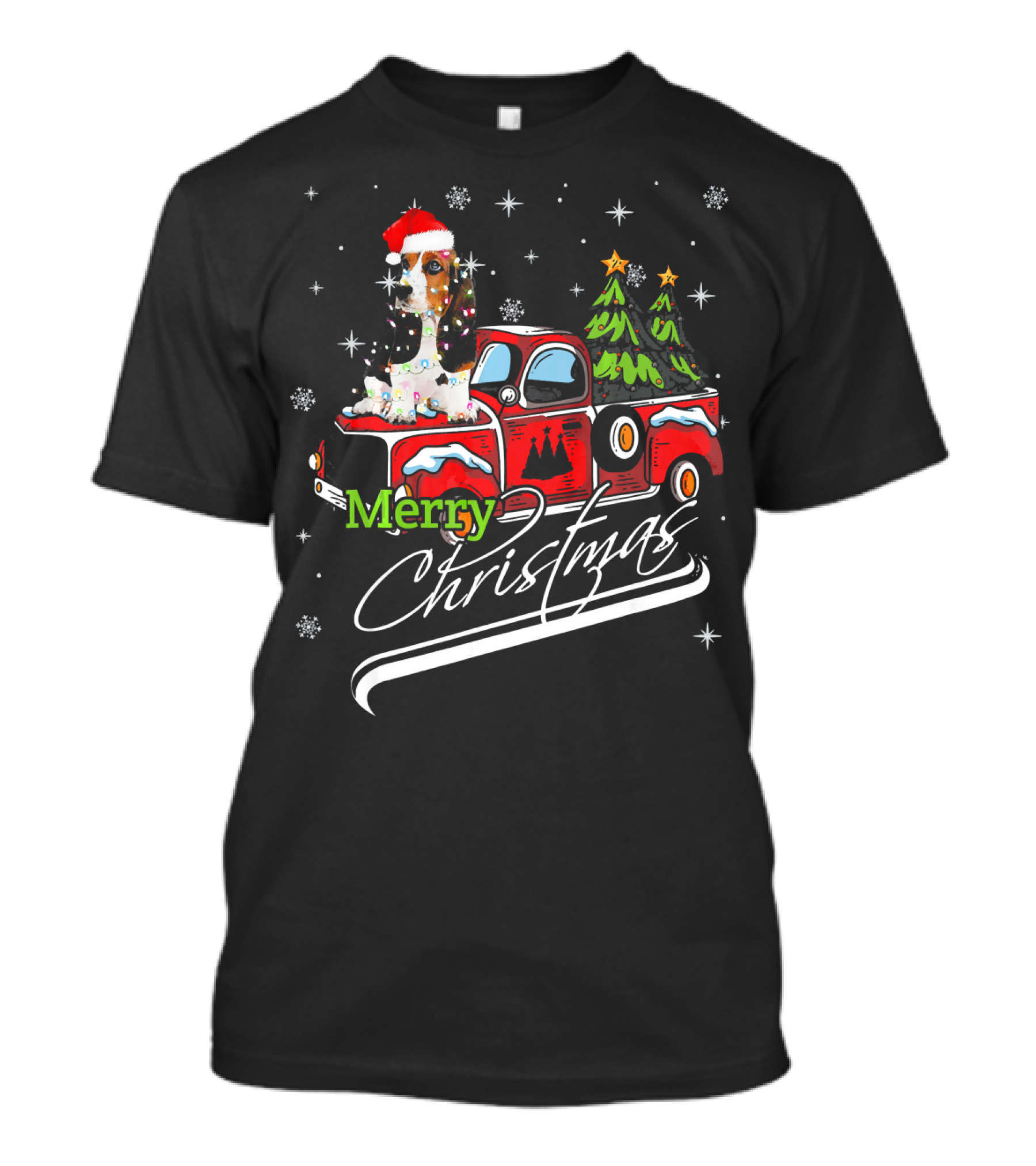 Merry Christmas Cute Basset Hound On Red Truck With Santa Hat And Christmas Trees T-Shirt