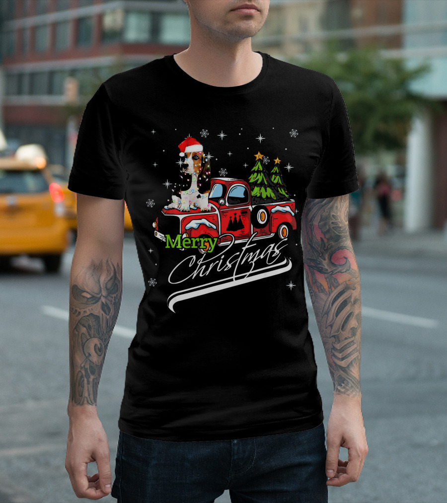 Merry Christmas Cute Basset Hound On Red Truck With Santa Hat And Christmas Trees T-Shirt
