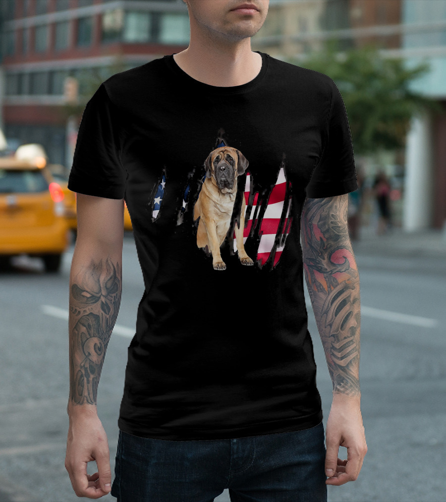 English Mastiff In USA Flag Tear Background T-Shirt