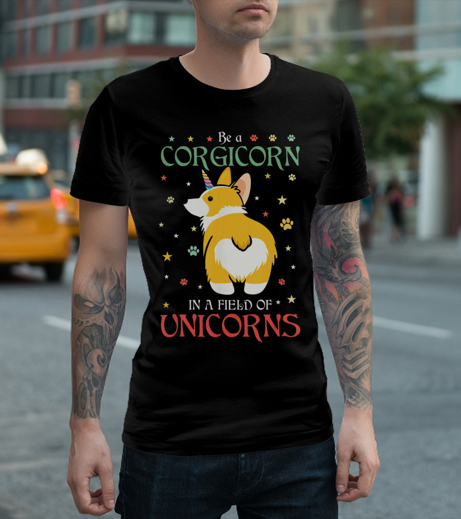 Be a Corgicorn in a Field of Unicorns Paw Prints and Stars T-Shirt